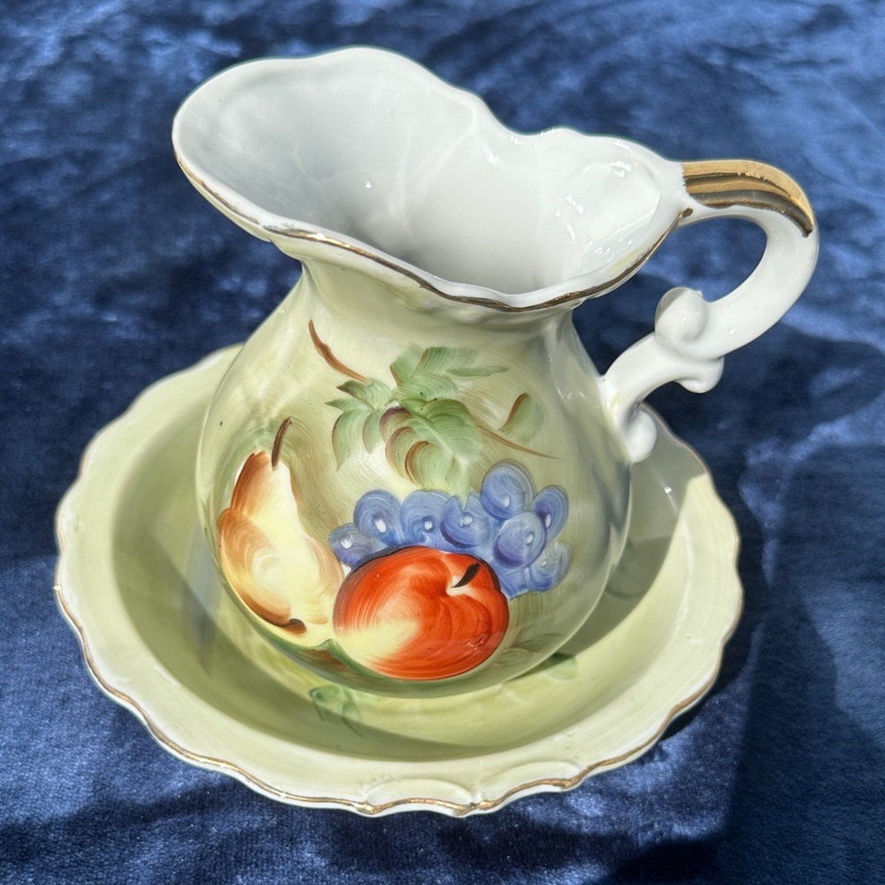 Vintage Hand-Painted Ceramic Pitcher and Basin Set with Fruit Motif